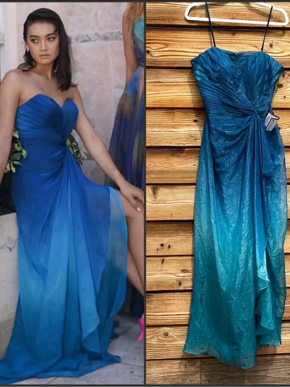 NWT Strapless Teal Ombré Organza Dress Gown Size 10